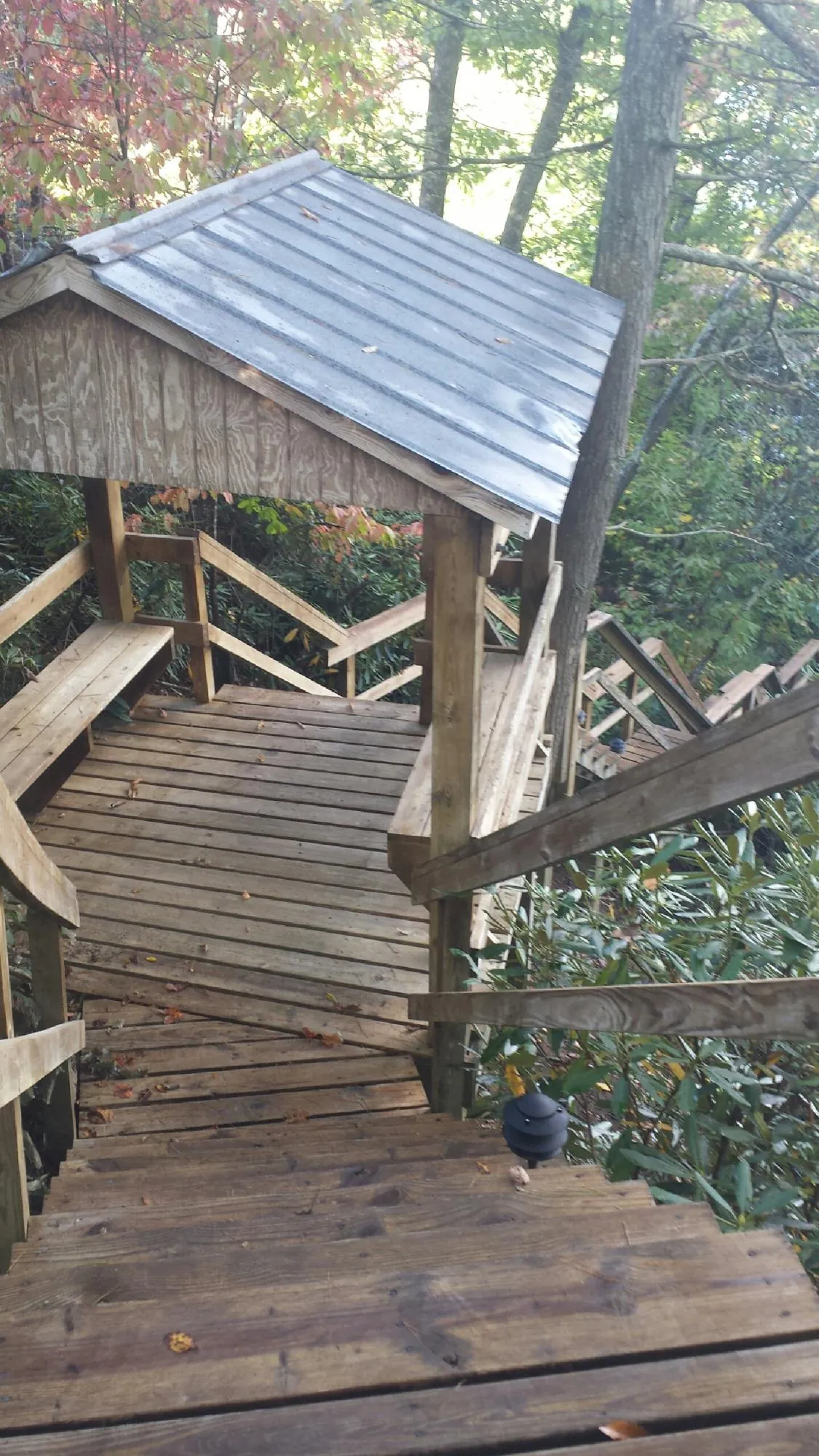 Metal roofed shelter over wooden steps on a wooded walkway — Skylight Repair & Installation work by our crew in Warm Springs